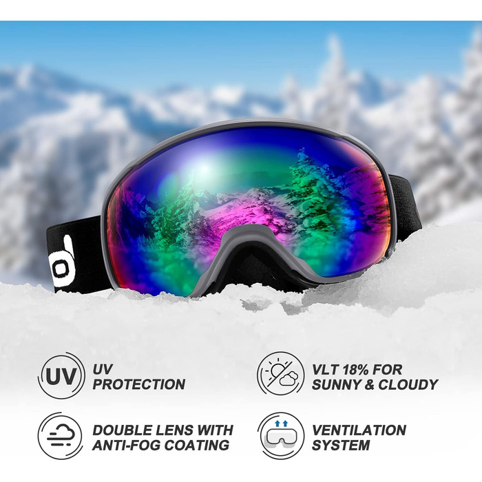 Шолом для лижного спорту та маска Odoland: комплект для жінок та чоловіків, захист UV 400, сірий, розмір S (52-55 см)