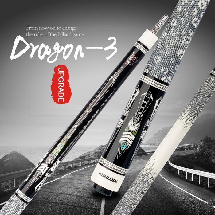 Більярдний кий Konllen Dragon-1 з низькою відволікаючою лінією, подовженням та чохлом (10.5 мм, 11.5 мм, 12.5 мм наконечник Tigerspitze, XTC-чохол, 3/8 x 8 радіальний штифт, 147 см довжина).