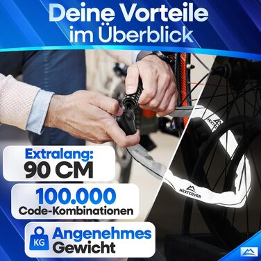 NEXTCOVER LockOne: надійне велозамкa з ключем - висока безпека, міцна ланцюгова конструкція, 3 ключі (відбиваючий, кодовий замок)