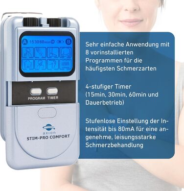 Пристрій TENS Axion STIM-PRO Comfort для терапії болю - комплект з 4 електродів 5x5 см | Reizstromgerät для лікування артрозу, артриту, болю в шиї, спині та суглобах | Сертифікований медичний продукт