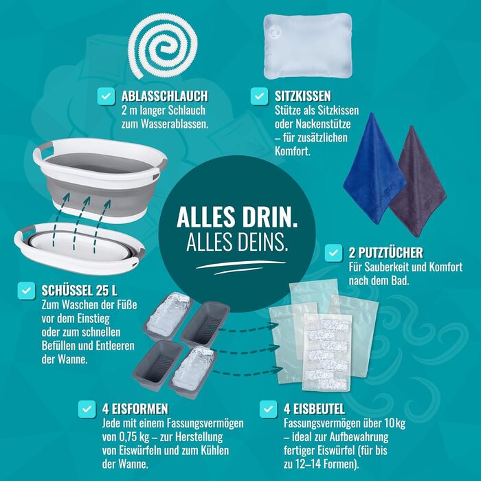 Зручна складана ванна для дорослих 147x74x60 см – комплект з аксесуарами для теплої та холодної ванни, портативна, для дому та відпочинку на природі, чорно-біла, MelodieGesund