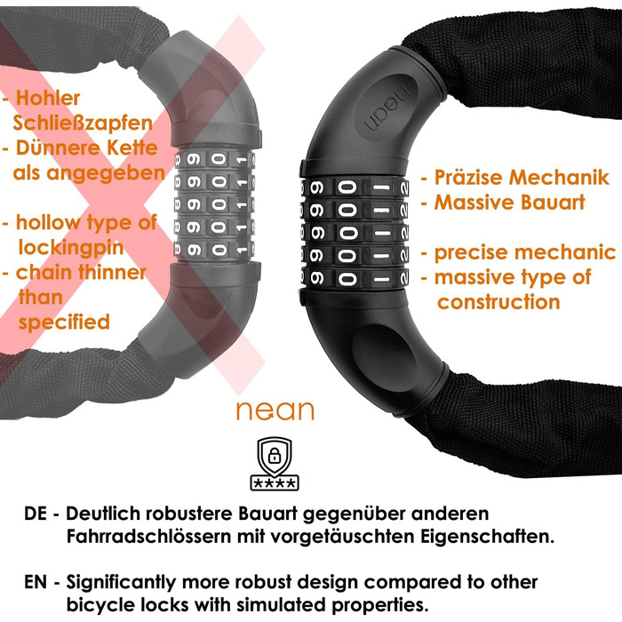 Замок для велосипеда Nean з кодом та високим рівнем безпеки, ланцюговий замок, код-комбінація, посилені сталеві ланки, 6 мм x 900 мм, чорний