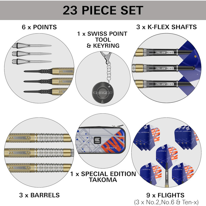 Дартси Target Raymond Van Barneveld Chrono, 95% вольфрам, 18/20 г, набір для електронних дартсів з кейсом Takoma та аксесуарами, м'які накінечники Pixel