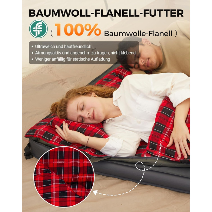 Спальний мішок KingCamp на 2 особи з фланелі, зимовий, для кемпінгу та відпочинку на природі, 3-4 сезони, з 2 подушками, підходить для дітей та дорослих (зелений)