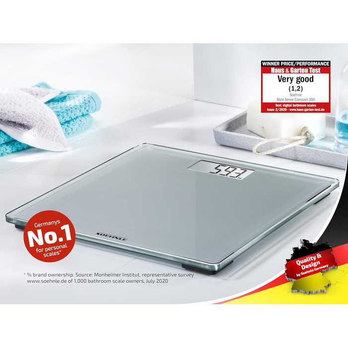 Цифрова вага Soehnle Style Sense Compact 300 для зважування людей, з великою платформою, зрозумілим LCD-дисплеєм, ультратонкий дизайн, безпечне скло, сіра