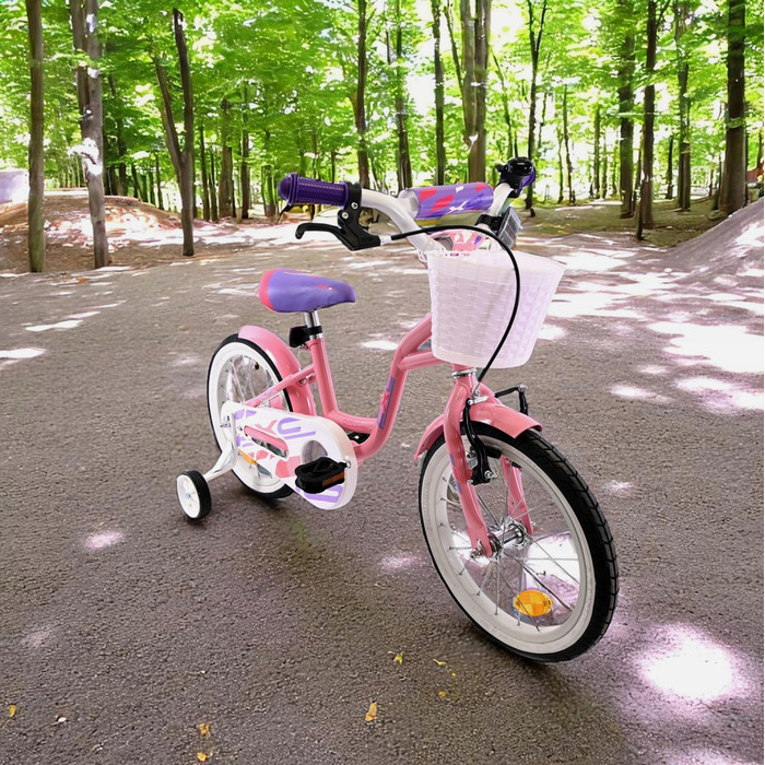 Рожевий дитячий велосипед для дівчаток 16 дюймів: легка рама, кошик та бічні допоміжні колеса