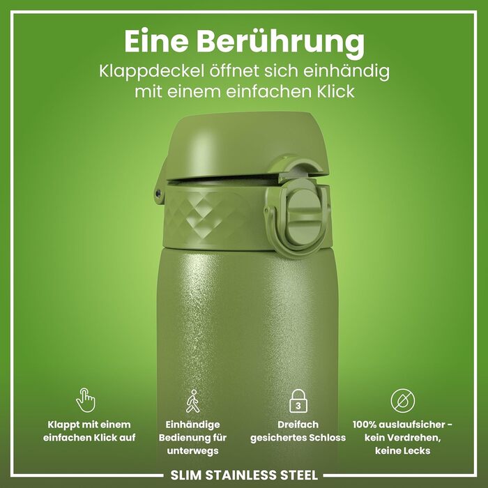 Фляга для води ION8 Leicht 600 мл, неізольована, з клапаном, не протікає, з ручкою, сталь, хакі