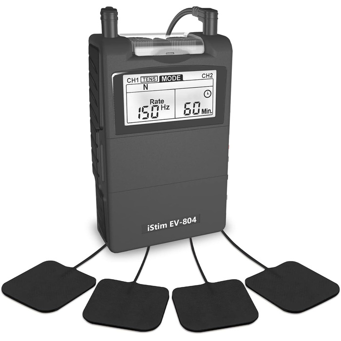 iStim EV-804 TENS/EMS: 2-канальний масажер для зняття болю та м'язової стимуляції – 24 програми, 7 режимів, 8 електродів, для спини, шиї, колін