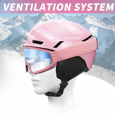 Шлем для лижного спорту Skihem DXH816 з маскою та захистом вух, для жінок та чоловіків, знімні навушники, дихаючий, захист від ударів, UV-захист, регульований, для сноуборду та лиж (Блискучий рожевий + лижні окуляри + маска, M)