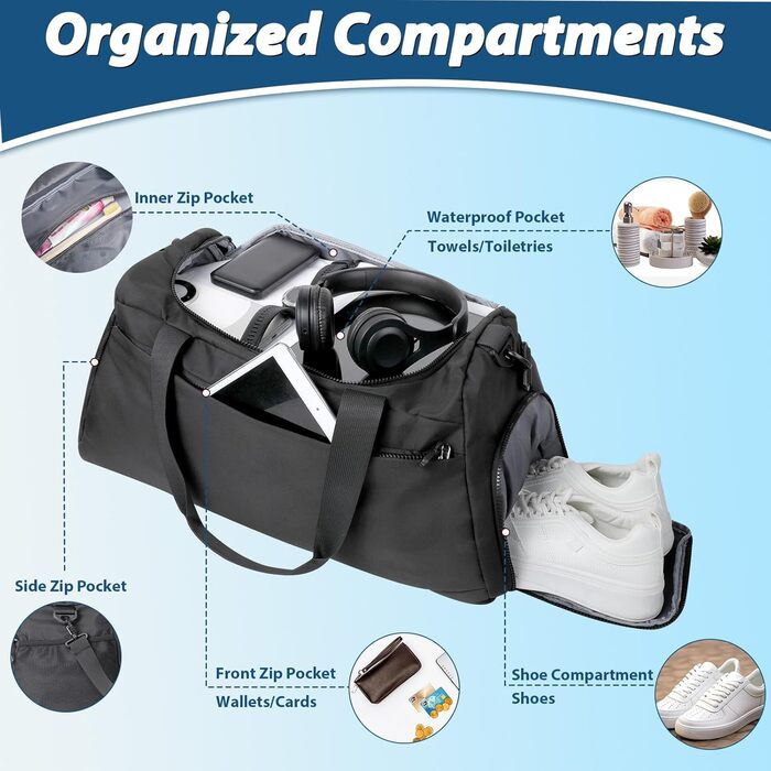 Спортивна сумка Romon для подорожей та тренувань з відділенням для взуття та мокрих речей (39 x 23 x 22 см, чорний)