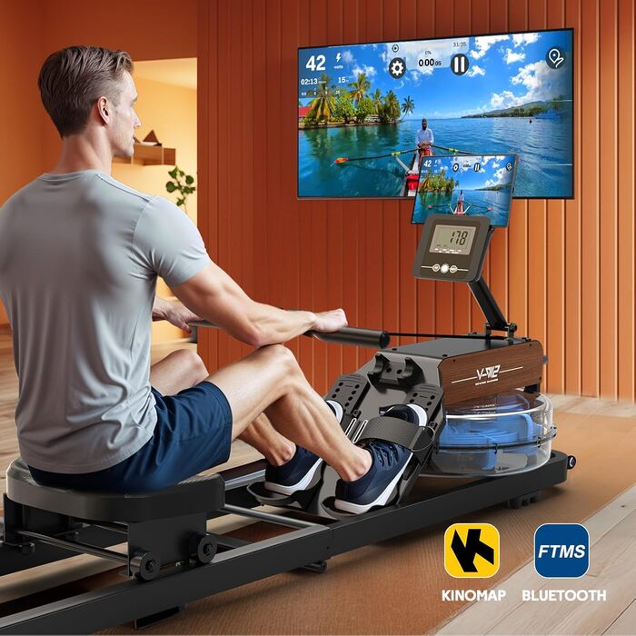 Складаний водяний гребний тренажер MettleMatic для дому, з Bluetooth, регульованим тримачем для планшета, вантажопідйомністю до 160 кг, на 98% зібраний