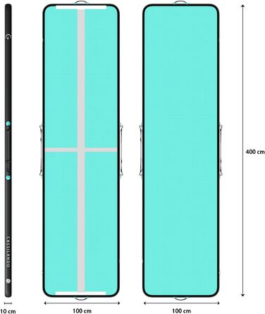 Гимнастичний мат Airtrack CASSILANDO надувний для тамблінгу та йоги, 400x100x10 см, м'ятно-чорний, з насосом