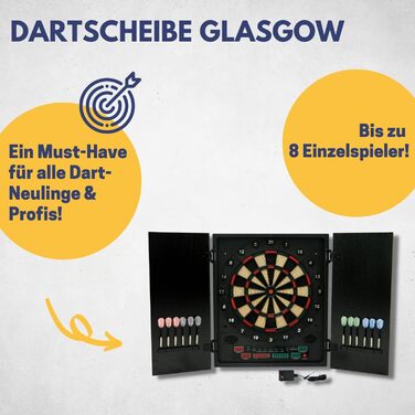 Електронна дартс-мішень Best Sporting Glasgow з LED-дисплеєм, 12 дротиками, запасними наконечниками та шафкою, для 8 гравців