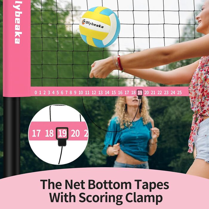 Набір для волейболу на відкритому повітрі: портативна сітка, м'яч PU, насос, сумка та міцна сітка (32 фути, рожевий)