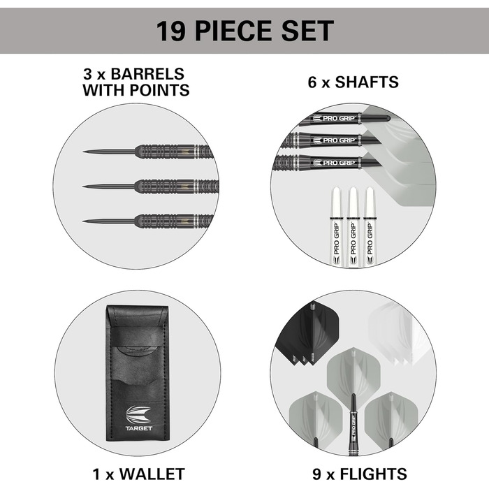 Дарти Target Darts Ares 23g (22/24g) Wolfram: Набір сталевих дротиків з шафтами Pro Grip та оперенням Ultra + гаманець та додаток для рахунку