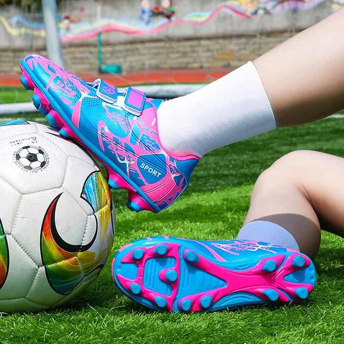 Дитячі футбольні бутси для хлопчиків та дівчаток, унісекс, дихаючі, легкі, з антиковзким покриттям, розмір 28-37 (34 EU), рожево-блакитні