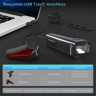 Набір велосипедних LED ліхтарів evermotor: передній і задній, StVZO, USB-C зарядка, довгий час роботи, для дітей і дорослих, аксесуари для велосипеда, 9 годин автономної роботи