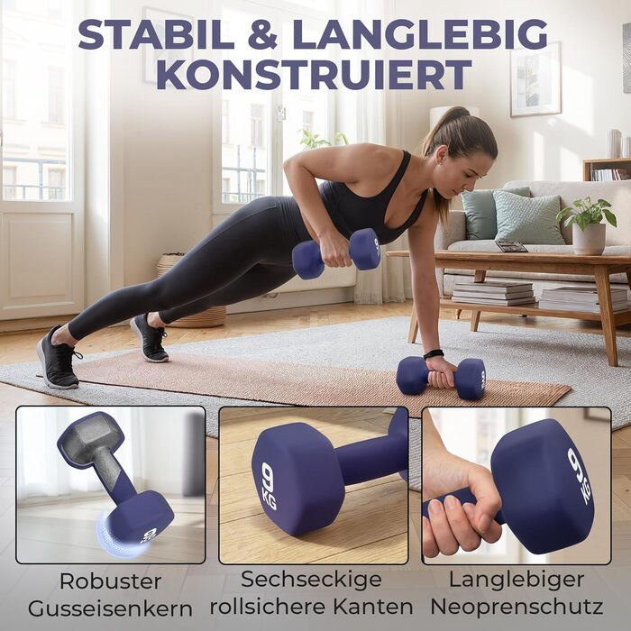 Набір гантелей HQ Germany® 9 кг (2 шт) для фітнесу та Pilates, Indigo Blue - Hanteln Set, Dumbbells, Home Gym