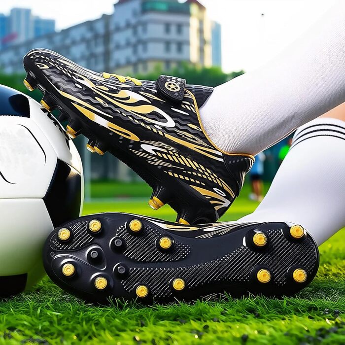 Дитячі футбольні бутси для хлопчиків та дівчаток. Професійні футбольні бутси з шипами для тренувань. Розмір 29 EU, чорний та золотий колір.