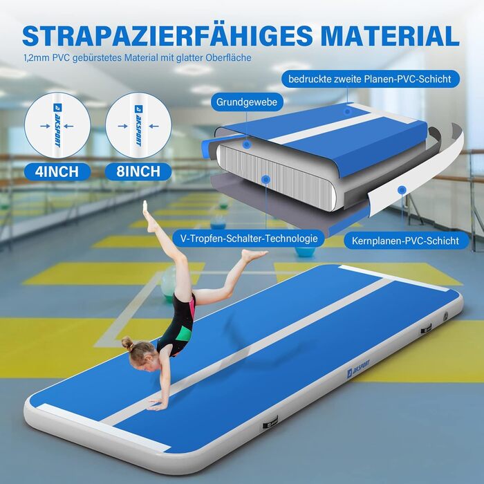 AKSPORT Надувний гімнастичний мат з повітряною подушкою, 3/4/5/6м, 10/20см, 300x100x10см, синій