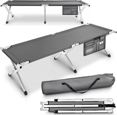 Кемпінгове ліжко TRESKO XXL з металу, 210 x 90 x 42 см, сіре, до 150 кг