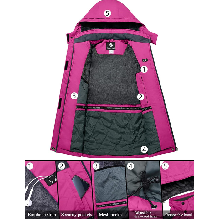 Жіноча лижна куртка GEMYSE: водонепроникна, вітронепроникна, з флісовою підкладкою, для активного відпочинку на снігу (M, Рожево-сіра)