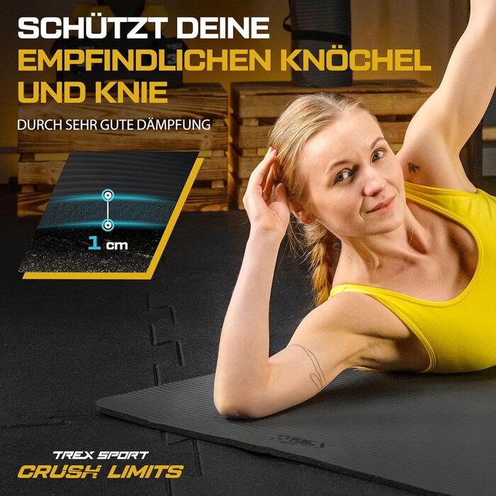 TREX SPORT Килимок для гімнастики та фітнесу | Товстий та м'який, 190x80x1 см, з ручкою для перенесення, чорний | Килимок для йоги з антиковзаючим покриттям