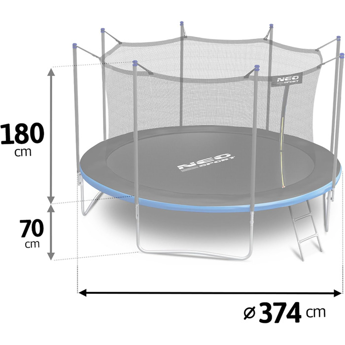 Трамплін Neo-Sport для дітей на відкритий простір з захисним сіткою та сходами. Діаметр 374 см (12 футів). Погодні умови, стійкий до іржі, безпечний та надійний.