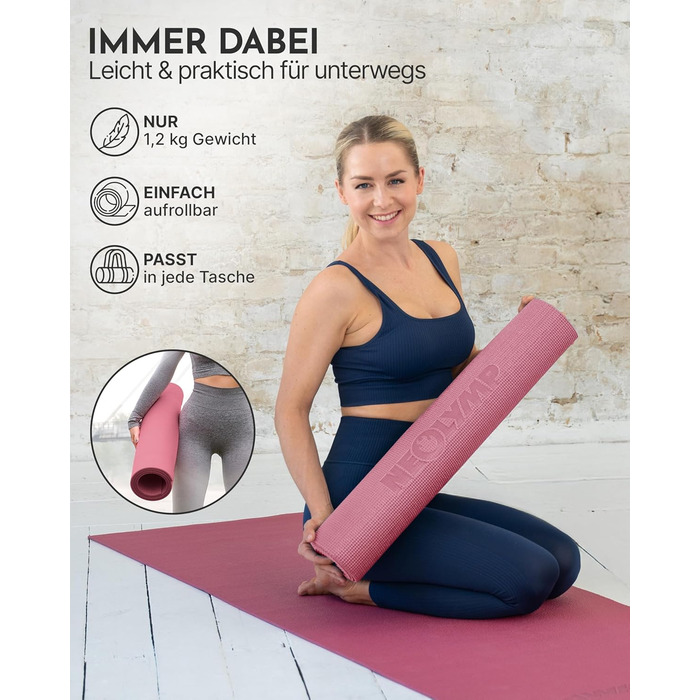 Килимок для йоги Neolymp протиковзкий та захищає суглоби – 183x61 см – PVC – для йоги, пілатесу – з E-Book та відео-управами (Рожевий)