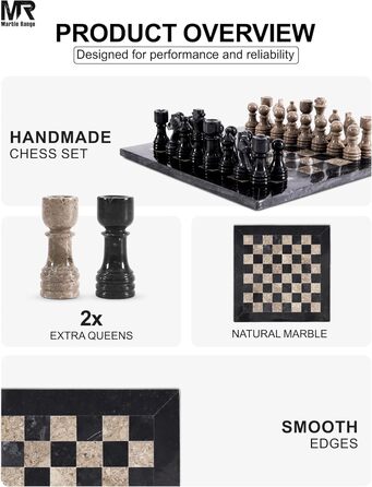 Шаховий набір з мармуру для дорослих, ручної роботи, 32 фігури, 2 додаткові королеви, коробка для зберігання, подарунок, декор (чорний & корал)