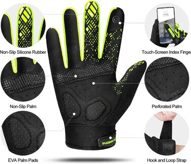 Велосипедні рукавички INBIKE MTB з повним пальцем, зелені, XL - для катання на гірському велосипеді, шосе та мотокросу. Зручні, дихаючі, з захистом пальців TPR та EVA.