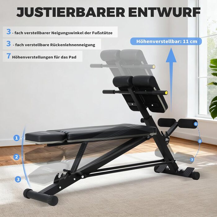 Тренажер для дому Hantelbank 5514: регульована розкладана лава з бегунком для ніг та подушкою для пречера