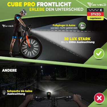Велофара MIVELO: комплект LED фар (переднє та заднє), USB зарядка, водонепроникні, схвалені StVZO, з відбивачами, CUBE ONE