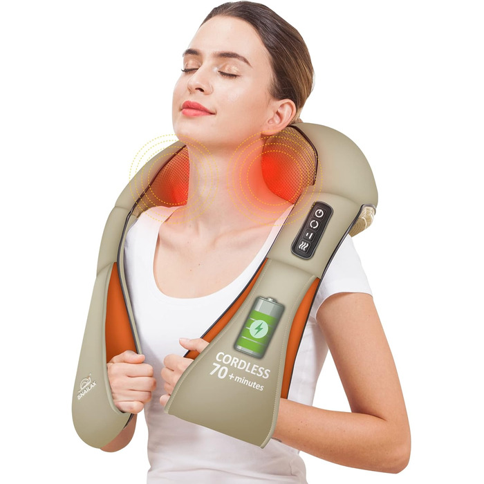 Бездротовий масажер Shiatsu Snailax з функцією підігріву, 4D-роликами для шиї, плечей і спини, м'язова релаксація, подарунок для чоловіків та жінок (хаки)