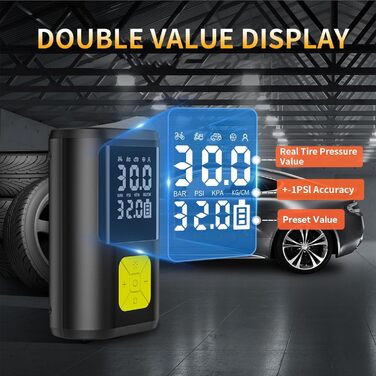 EVARYOO електричний міні-насос 150PSI з акумулятором 6000 мА·г, портативний бездротовий компресор з великим дисплеєм і ліхтарем для авто, мотоцикла, велосипеда та м'ячів