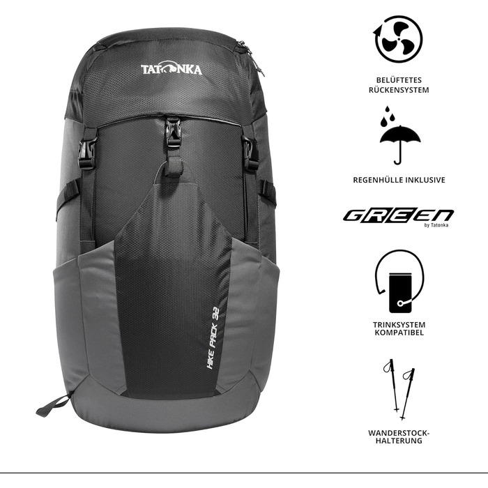 Рюкзак Tatonka Hike Pack 32 л з вентиляцією спини та дощовиком, легкий туристичний рюкзак для походів, чорний/сірий