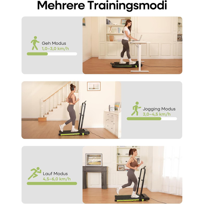 Бігова доріжка Walking Pad з нахилом 10%, 3.0 к.с., складна, для дому з магнітним пультом, LED-дисплеєм, висувними поручнями, 12 програм HIIT, до 136 кг, зелена
