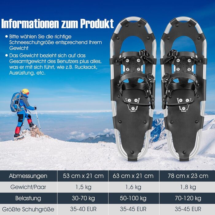 Снігоступи Costway з підйомною системою, розмір 38-45, подвійна фіксація, алюмінієвий каркас, трекінгові палиці, сумка, гетри, для чоловіків та жінок (63 см, срібні)