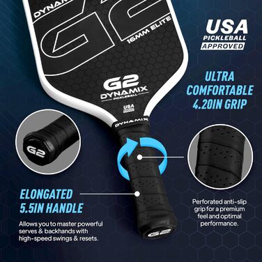 Пікбол ракетка з вуглецевого волокна Gen-2, 16 мм, схвалена USAPA, для професійного рівня, потужність, обертання та стабільність, довгаста, легка Pro-Balance (чорний хват / білий обід)