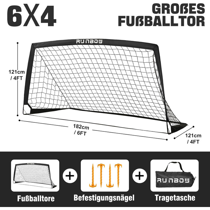 Дитячі воріта для футболу RUNBOW 1,8 x 1,2 м, портативні, з сумкою для перенесення (2 шт., чорний)