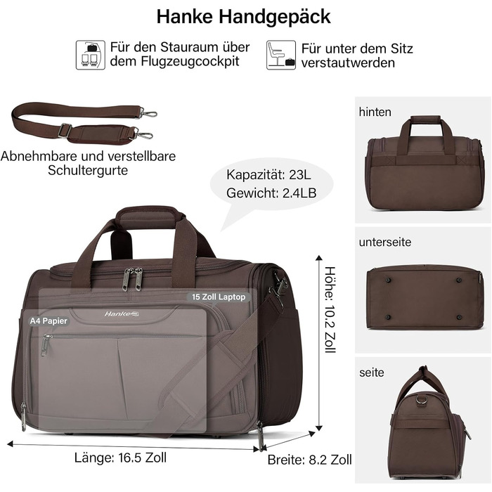 Складана дорожня сумка Hanke 36.5L водонепроникна сумка для подорожей, спортивна сумка для залу та ручної поклажі для жінок та чоловіків, коричнева (42x21x26см)