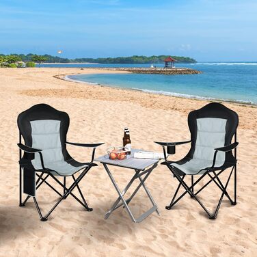Складний туристичний стілець WOLTU: легкий, для відпочинку на природі, риболовлі, з кишенею для напоїв та боковою кишенею, до 150 кг, для кемпінгу, пляжу, саду, тераси (чорний + світло-сірий)