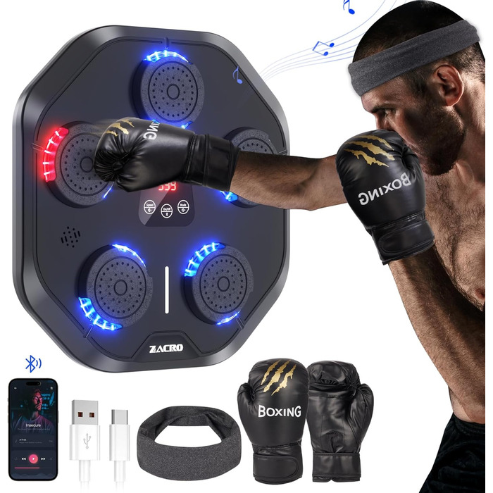 Музична боксмашина Zacro з LED-підсвіткою, розумна боксмашина, настінна, 9 режимів/швидкостей, з рукавичками та повязкою, чорна