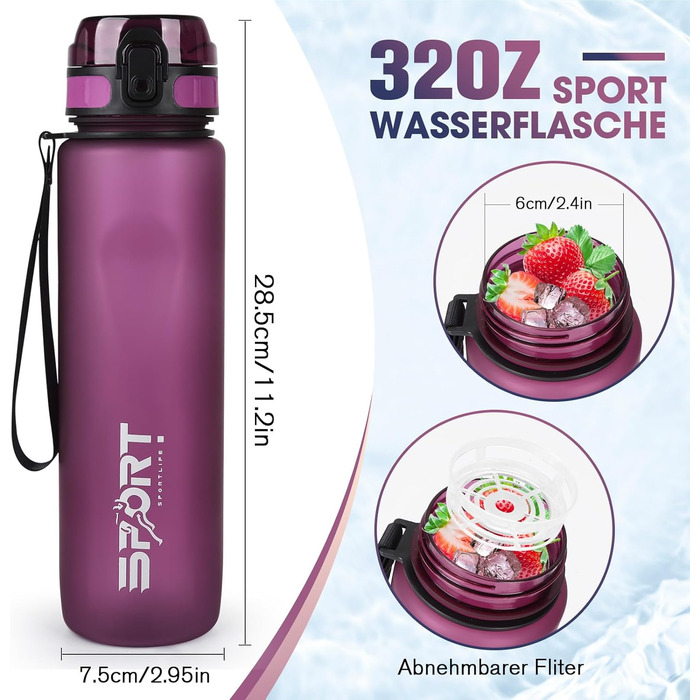 Спортивна пляшка для води 1л, витокозахисна, без BPA, з мірною шкалою, для активного відпочинку, школи, кемпінгу, смарагдово-зелений (фіолетово-червоний)