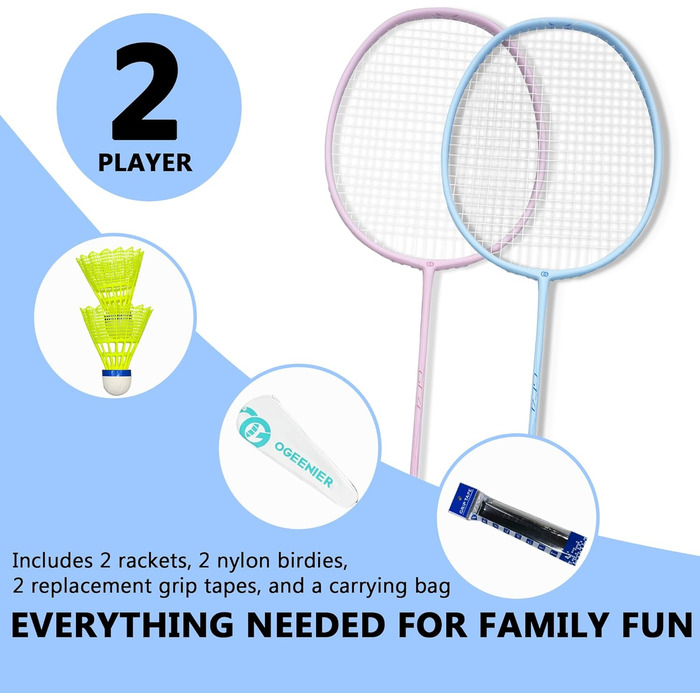 Набір для бадмінтону OGEENIER: 2 ракетки, 2 ручки, 2 волана, 1 ракетка з сумкою (білий, рожевий+блакитний, 3 1/4 дюйми)