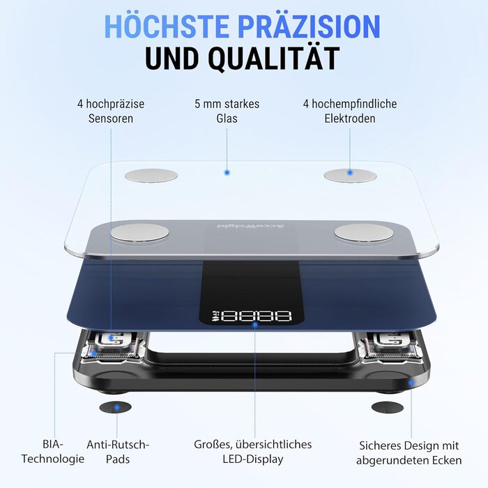 Вага для вимірювання жиру та м'язів ACCUWEIGHT з Bluetooth, аналіз тіла, вимірювання 17 показників, до 180 кг