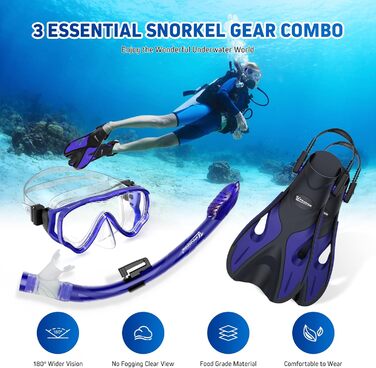 Набір для снорклінгу для дітей з ластами, маска з антизапітнінням 180° панорамний огляд, регульовані плавальні ласти та преміум сухий снорк, 3 в 1 набір для снорклінгу для дітей з сумкою, L/XL(31-36), блакитний