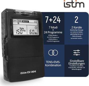 iStim EV-804 TENS/EMS: 2-канальний масажер для зняття болю та м'язової стимуляції – 24 програми, 7 режимів, 8 електродів, для спини, шиї, колін