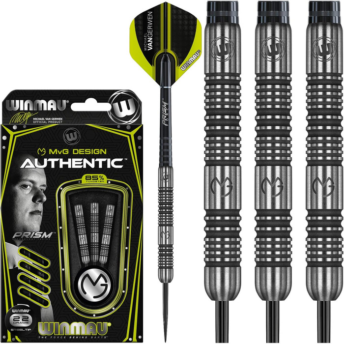 Дротики WINMAU Michael Van Gerwen MvG Authentic 22 г, професійні, вольфрамові, зі сталевим наконечником, з оперенням та хвостовиками