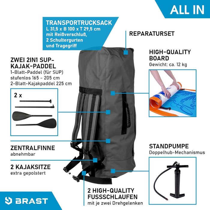 Надувний SUP Board Family BRAST | Комплект для сапсерфінгу XXL | 370x87x15 см, до 210 кг | 7 дизайнів | з аксесуарами (2 сидіння для каяка, 2 петлі для ніг, насос, рюкзак)